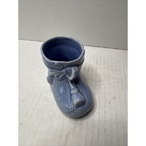 Vintage MCM Baby Shoe Bootie Ceramic Blue USA Figurine Planter Vase Baby 3.5"